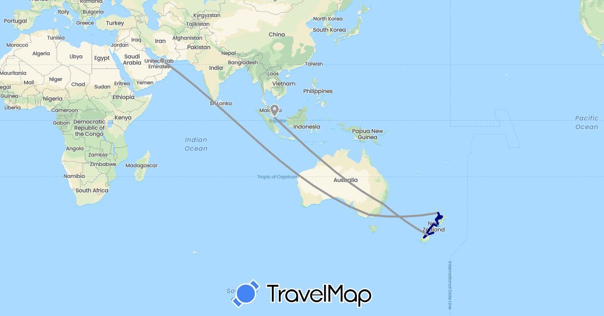 TravelMap itinerary: driving, plane, boat in Australia, New Zealand (Oceania)